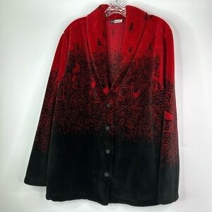 Vintage Artisans Red Black Cardinal Bird Sherpa Button Cardigan Sweater XL